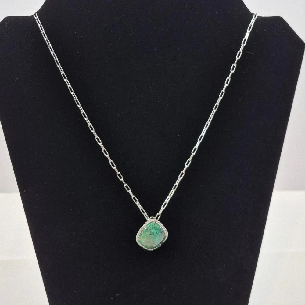 Sterling Silver Green Turquoise Pendant Necklace Removable Paper Clip 20
